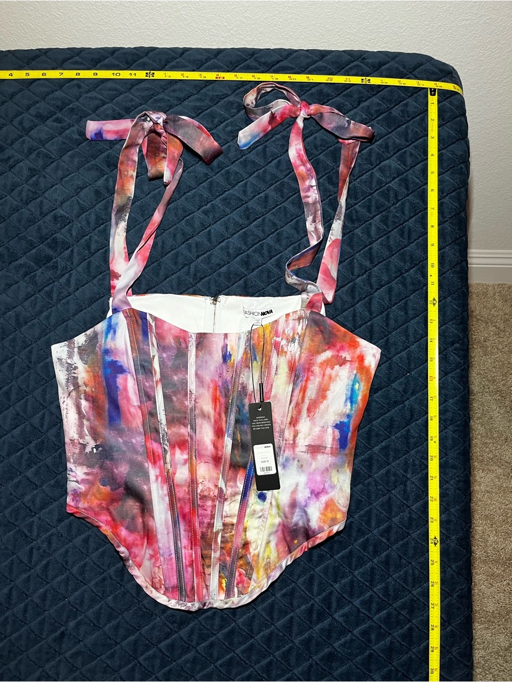 Fashion Nova Multicolor Watercolor Tie-Dye Corset Tank Top with Bow Straps